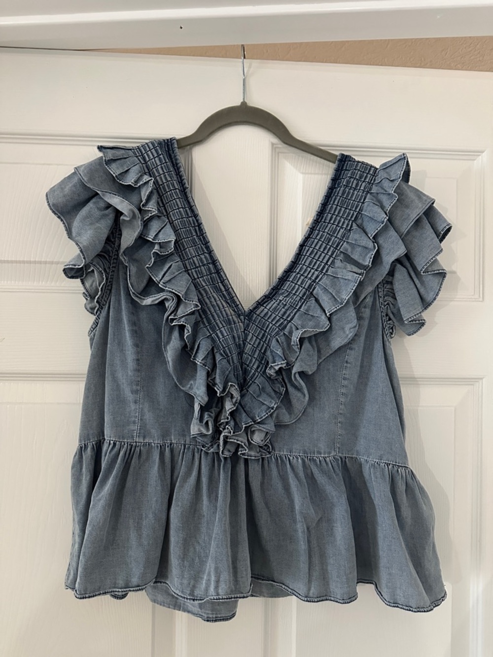BiBi Light Blue Ruffled Denim-Style Blouse